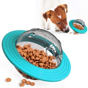 Dog eating from a blue interactive bowl.