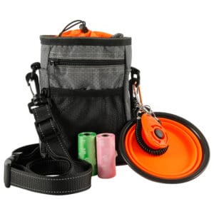 Dog walking bag with waste bags and bowl.