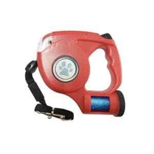 Red retractable dog leash with poop bag dispenser.