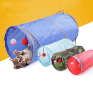 Set of colorful cat tunnels with toys.