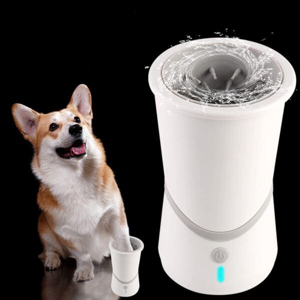 Dog paw cleaning device with a corgi.