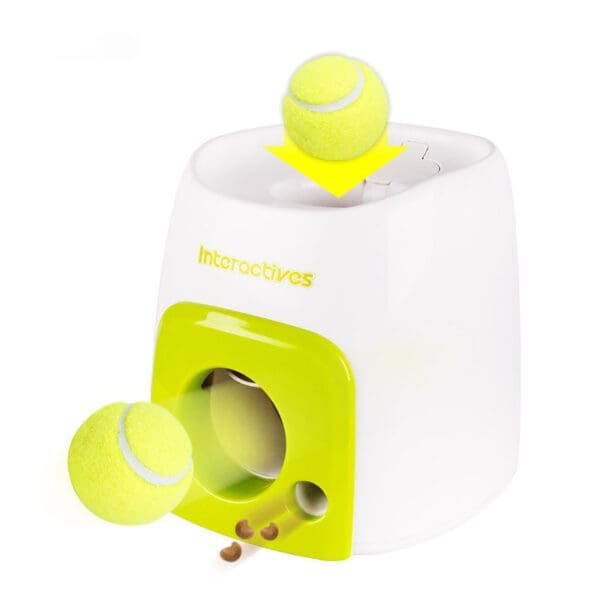 Automatic dog toy dispenses tennis balls.