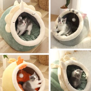 Four cats relaxing in cozy beds.