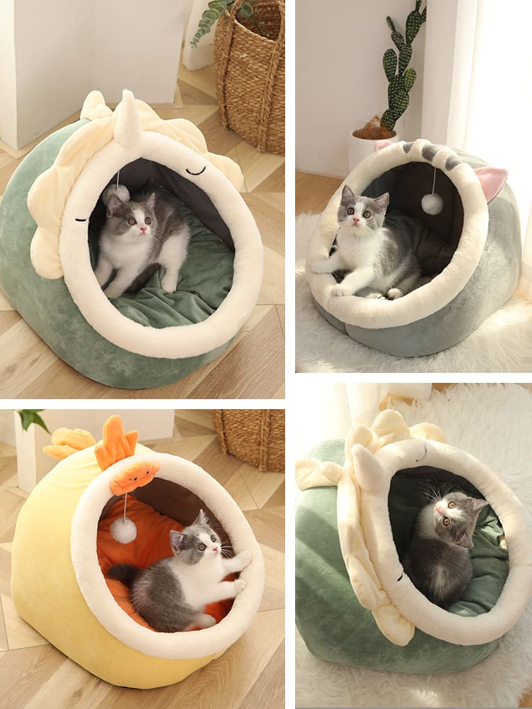 Four cats relaxing in cozy beds.