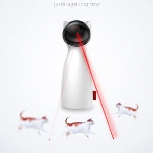 White cat toy with red laser light.