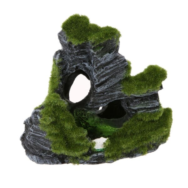 Green moss-covered rock aquarium decoration.