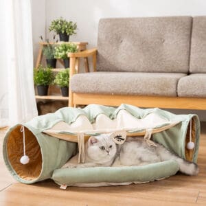 Cat resting in a green tunnel bed.