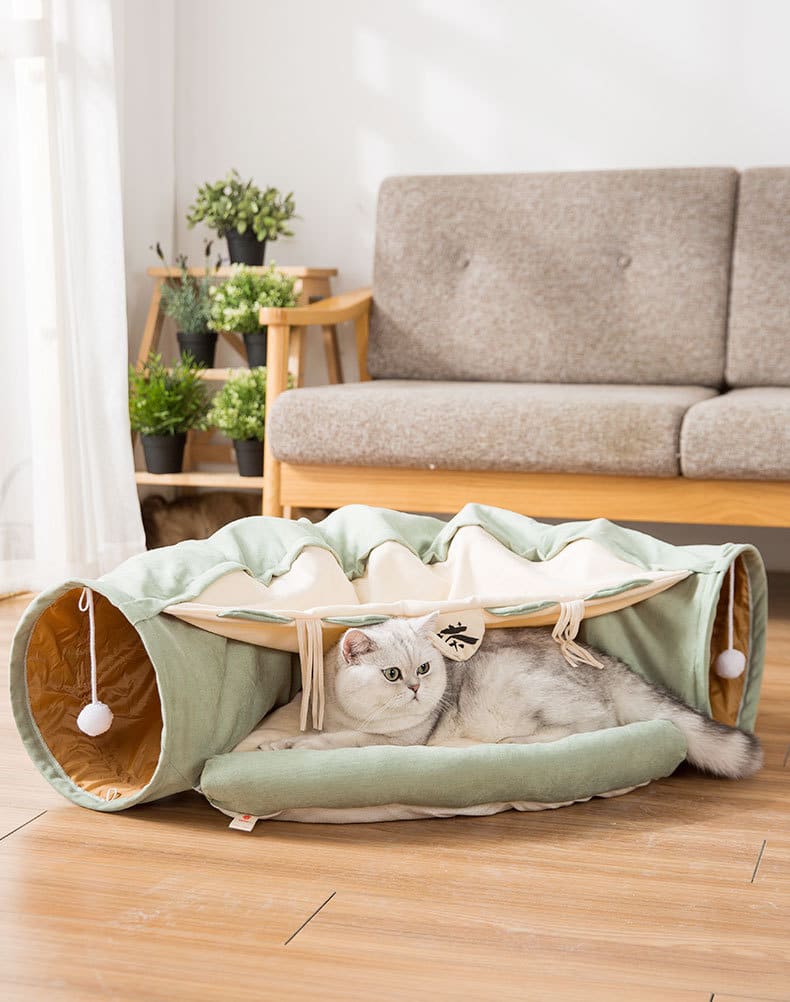 Cat resting in a green tunnel bed.