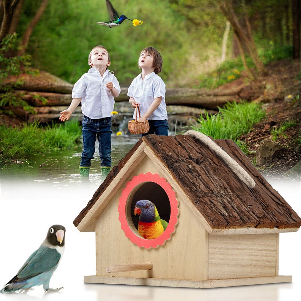 Wooden birdhouse with a parrot inside.