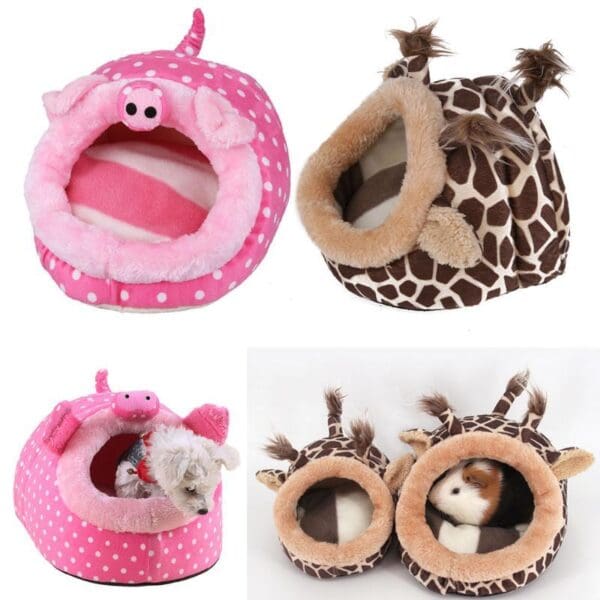 Cute animal beds with pink and giraffe patterns.