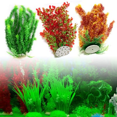 Assortment of artificial aquarium plants.