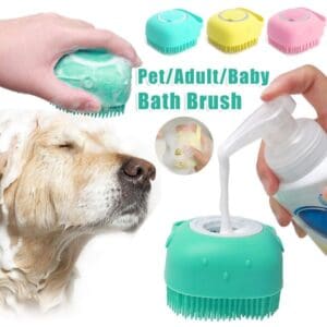 Pet bath brush with dog and soap bottle.