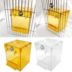 Yellow and clear plastic bird feeders.