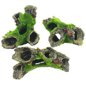 Three mossy log aquarium decorations.