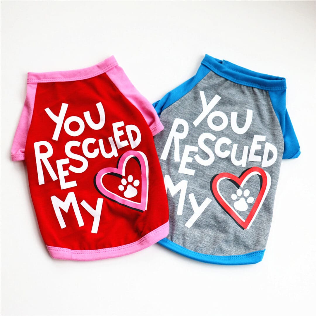 Two pet shirts saying "You rescued my".