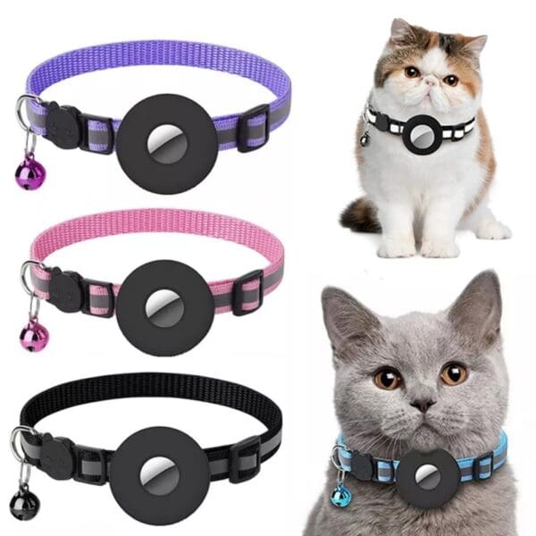 Three cat collars with reflective tags and bells.