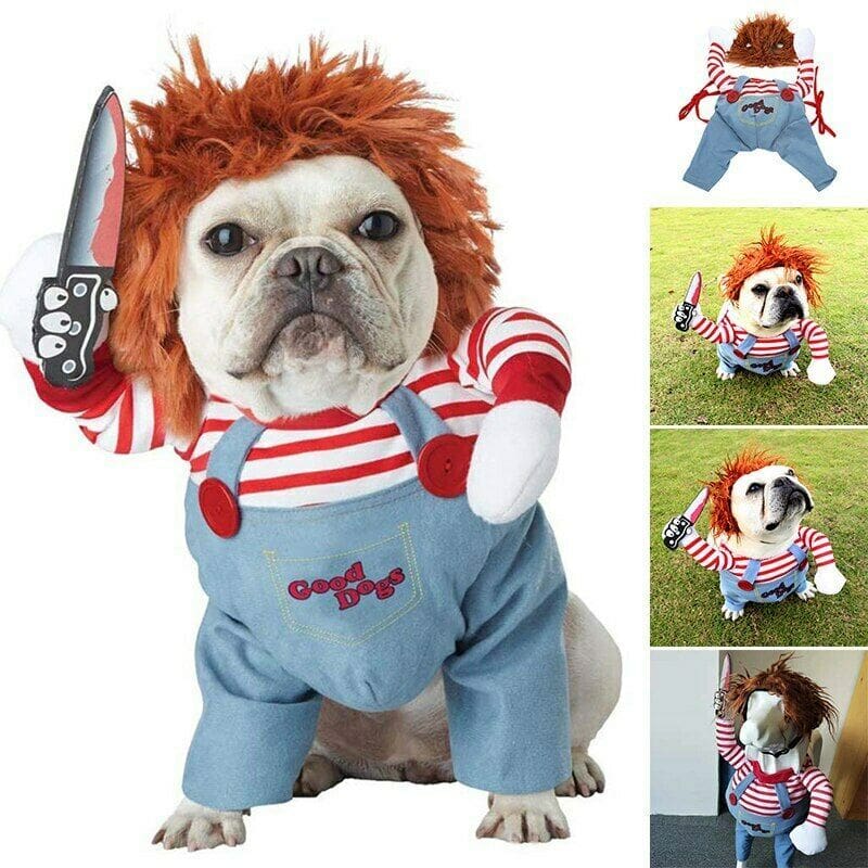 Dog in a Chucky costume holding a knife.