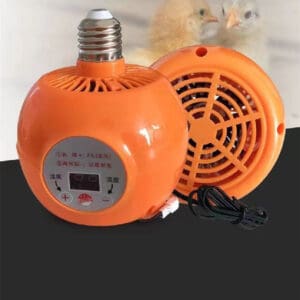 Orange chick brooder with fan and light.