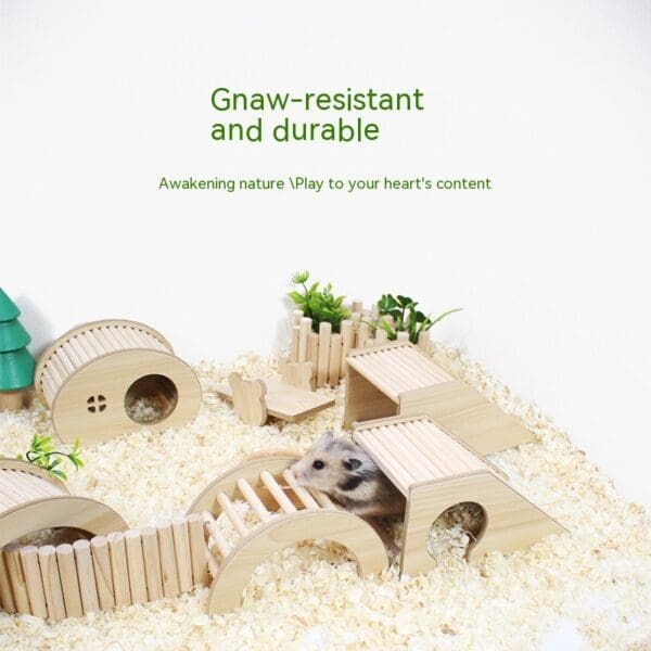 Wooden hamster playset with tunnel and ramp.