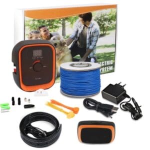 Electric dog fence system with collar and wire.