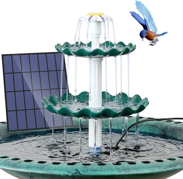 Solar powered bird bath fountain.