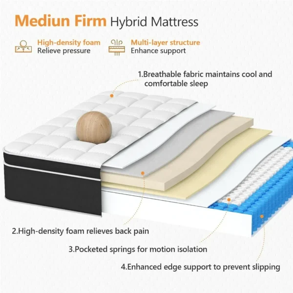 Full Size Mattress, 12 Inch Hybrid Mattress in a Box, with Memory Foam and Pocket Springs, Plush Feel Medium Firm Mattress Full - Image 2