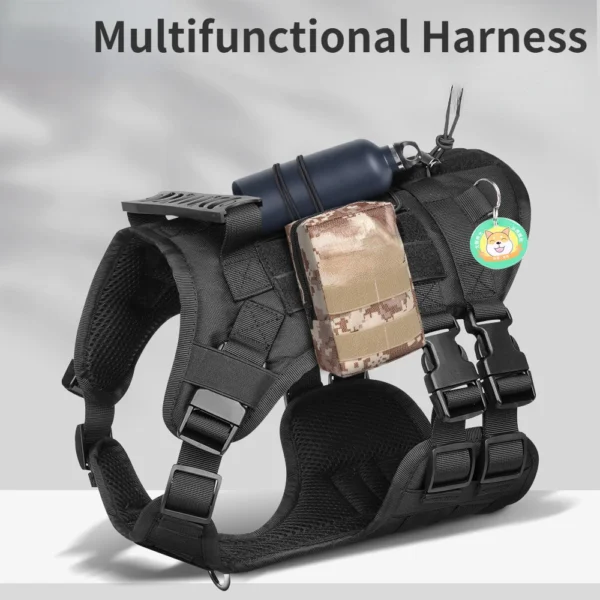 Black tactical dog harness with pouches.