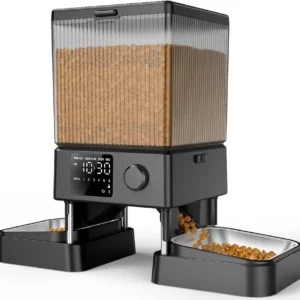 Automatic pet feeder with dry food.