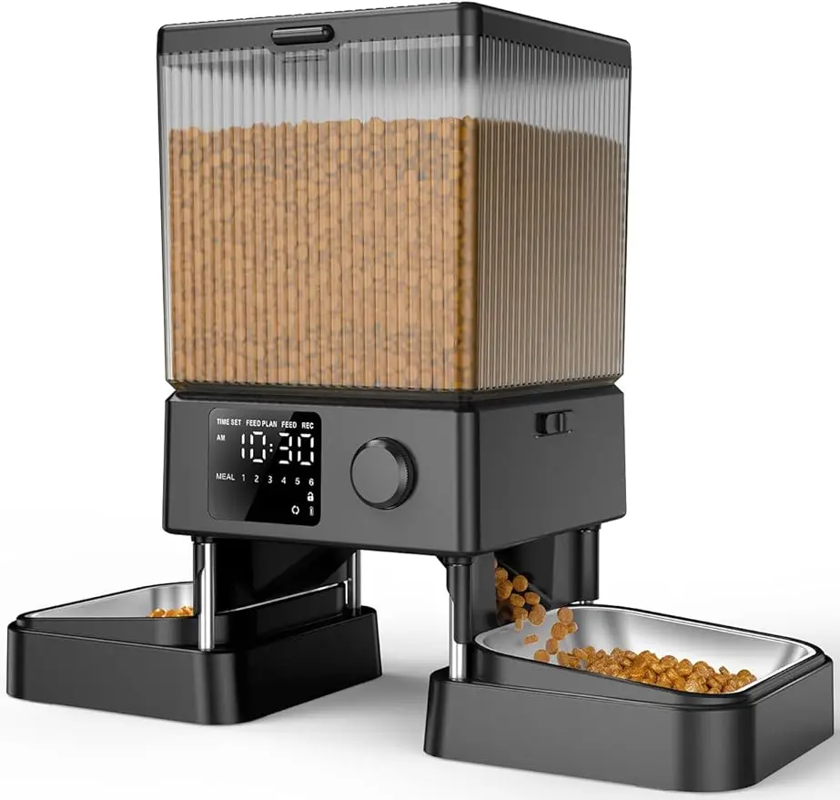 Automatic pet feeder with dry food.