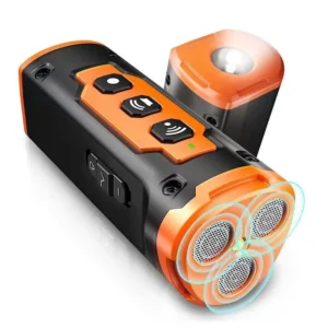 Black and orange portable speaker with light.