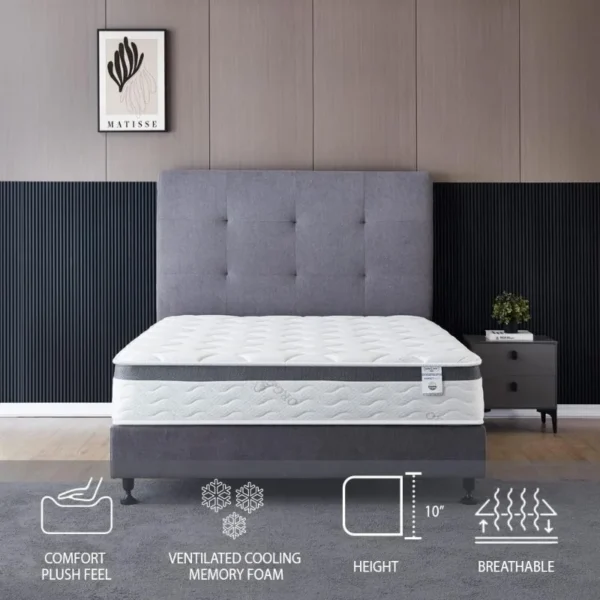 Mattress - 10 Inch Cool Memory Foam & Spring Hybrid Mattress with Breathable Cover - Comfort Plush Euro Pillow Top - Rolled - Image 6