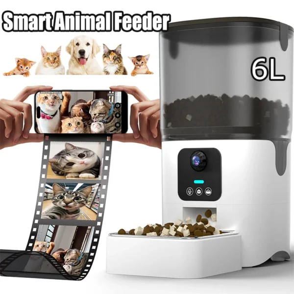 Automatic pet feeder with camera and 6L capacity.