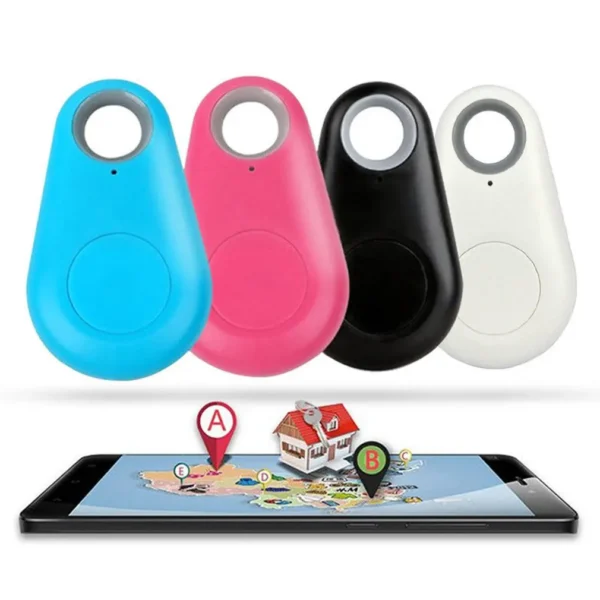 Four colorful key finders with phone and map.