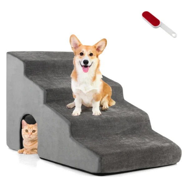 Grey pet steps with dog and cat.