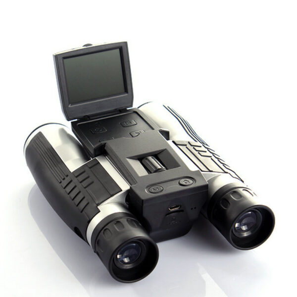 Black and silver digital binoculars with screen.