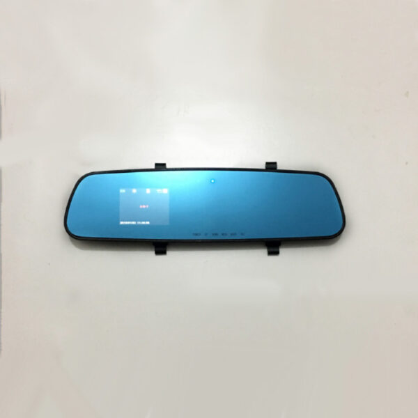 Black rearview mirror with a screen.