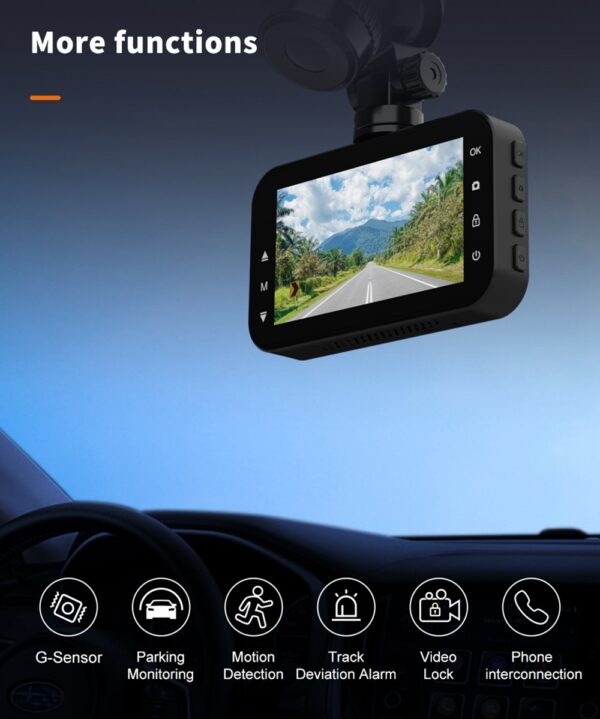 Black dash cam with screen showing road.