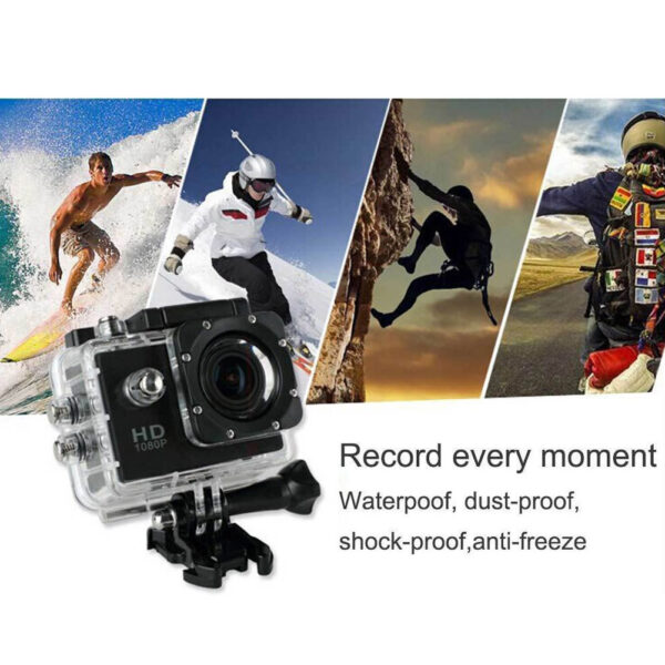 Black action camera with waterproof case.