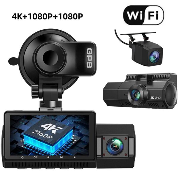 Black 4K dash cam with GPS and Wi-Fi.