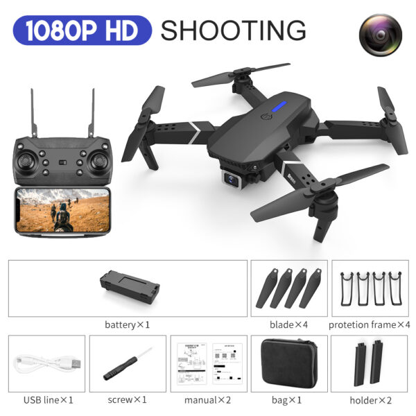 Black drone with remote control and accessories.