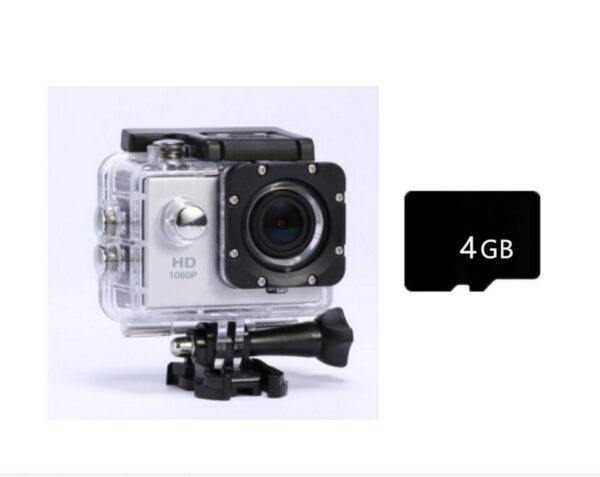 Silver action camera with 4GB memory card.