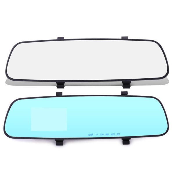 Black rearview mirror with blue screen.