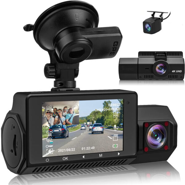 Black dual dash cam with rear camera.