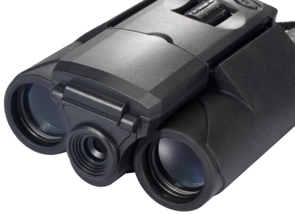 Black binoculars with lens caps.