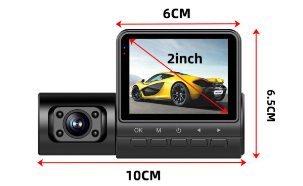 Black dashcam with 2-inch screen and three cameras.