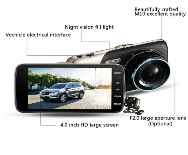 Car dash camera with large screen and lens.