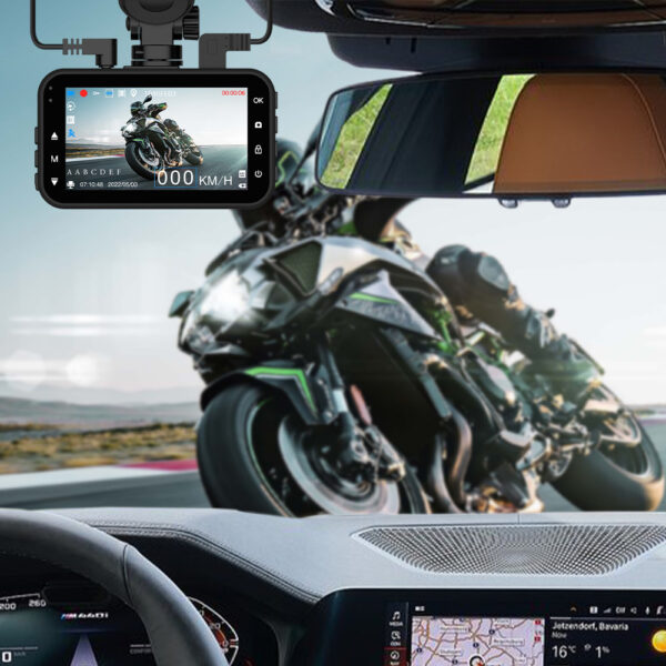 Motorcycle dashboard camera recording on a road.