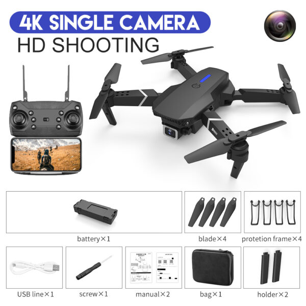 Black drone with remote control and accessories.