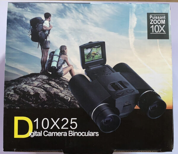 Black digital camera binoculars with 10x zoom.