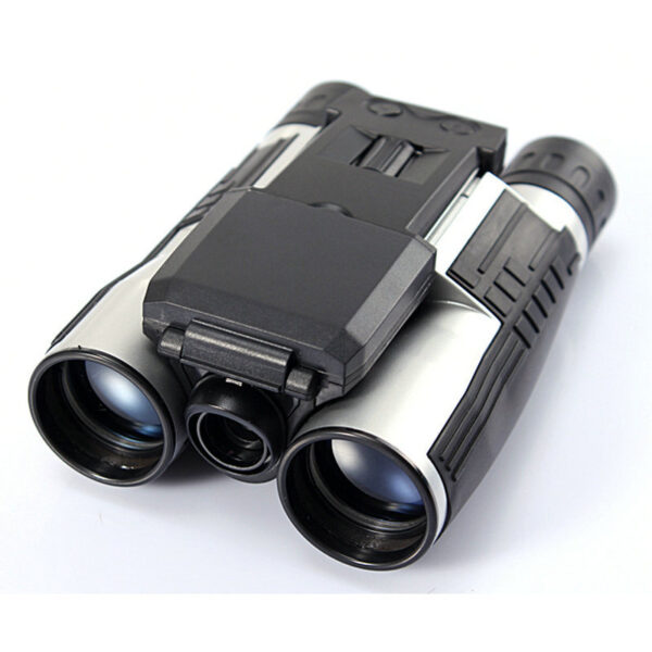 Black and silver video recording binoculars.